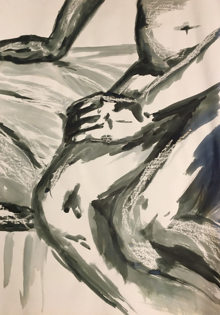 ink and wax quick life drawing hand on thigh