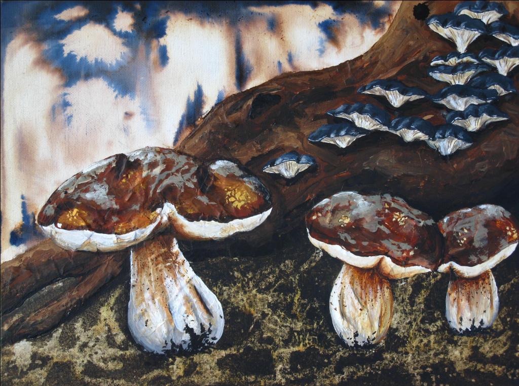 mixed media painting of bolette mushrooms near a tree root