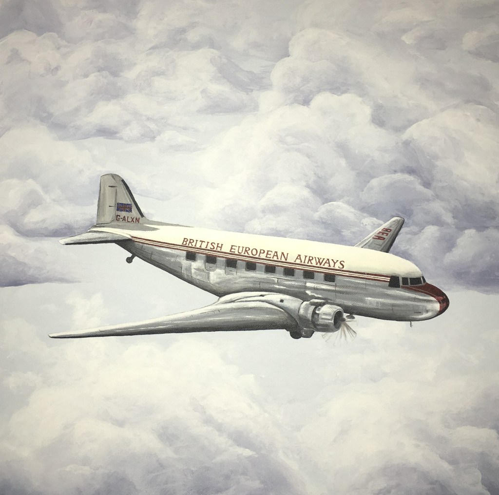 acrylic painting of dakota dc3 plane in the sky