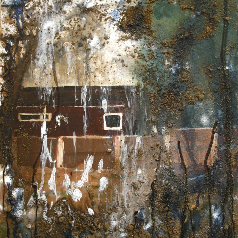 mixed media painting with soil of modern house
