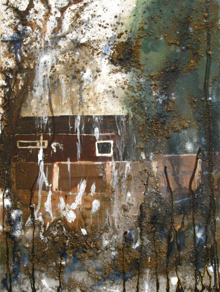 mixed media painting with soil of modern house