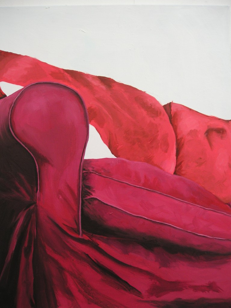 acrylic painting on canvas red sofa and white cushion