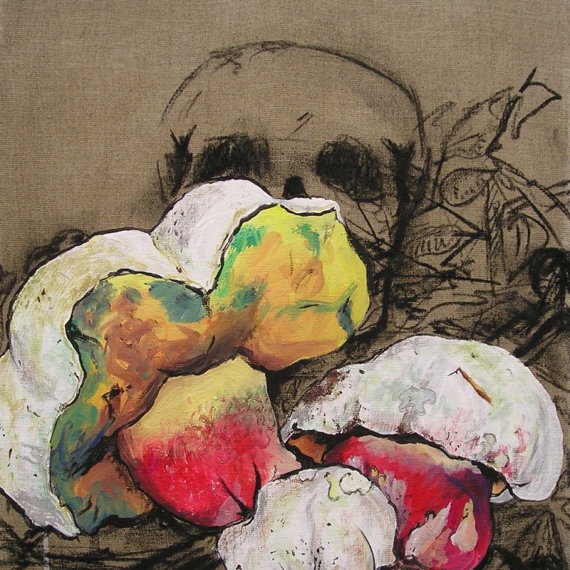 satans bolete and skull mixed media painting