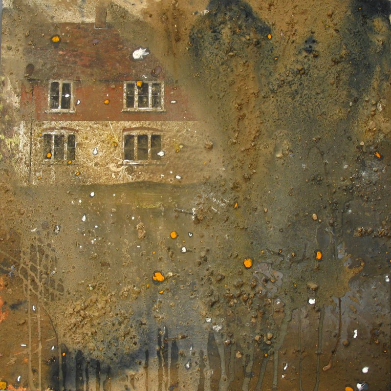 mixed media painting with soil of house - rose house